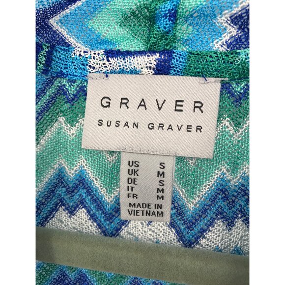 Susan Graver Cardigan Fringe Wrap Chevron Print Blue Green Small - Picture 3 of 6